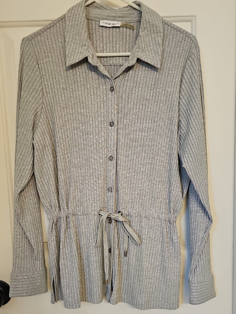 Calvin Klein Light Gray Ribbed Button-Front Drawstring Shirt